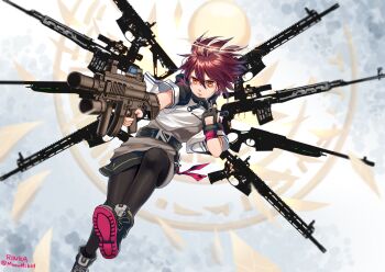 1girl absurdres arknights artist_name belt black_pantyhose blouse bolt_action exusiai_(arknights) female_focus fingerless_gloves gloves grey_shirt gun gun_wings hair_between_eyes halo highres hood hooded_jacket jacket kyoraku_(weng3133) miniskirt orange_eyes pantyhose red_hair rifle shirt shoes short_hair short_sleeves skirt sniper_rifle solo sv-98 tagme twitter_username v-shaped_eyebrows weapon