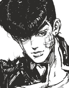 Rule 34 | 1boy, closed mouth, collared jacket, crew neck, diamond wa kudakenai, gauze, gauze on cheek, greyscale, headshot, higashikata josuke, highres, jacket, jojo no kimyou na bouken, looking to the side, male focus, monochrome, pompadour, portrait, santamanymany, shirt, short sideburns, sideburns, sideways glance, simple background, solo, thick eyebrows, white background
