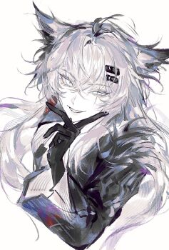 1girl absurdres animal_ears arknights black_gloves black_jacket chinese_commentary commentary_request gloves grey_eyes grey_hair hair_between_eyes hair_ornament hairclip half-closed_eye hand_on_own_chin hand_up highres jacket lappland_(arknights) lappland_the_decadenza_(arknights) long_hair long_sleeves looking_at_viewer scar scar_across_eye scar_on_face slit_pupils smile solo uneven_eyes upper_body white_background wolf_ears wolf_girl yunyun_(nuyyun)
