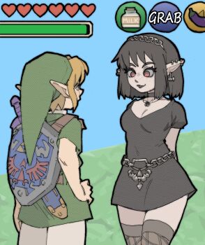 1boy 1girl arms_behind_back belly_chain belt black_choker black_dress black_hair black_lips blonde_hair blue_sky bombchu_bowling_girl bottle breasts brown_belt brown_eyes chain chain_belt chain_headband choker cleavage collarbone cowboy_shot day dress ear_piercing earrings eggplant english_text eyelashes fake_screenshot freckles goth_fashion grass green_hat green_tunic hand_on_own_hip hat heads-up_display health_bar heart highres hylian_shield jewelry large_breasts link looking_at_another milk_bottle necklace nintendo no_pupils original outdoors pants pantsu-ripper phrygian_cap piercing pointy_ears red_eyes shield shield_on_back shirt short_dress short_hair short_sleeves sky smile standing sword sword_on_back the_legend_of_zelda the_legend_of_zelda:_ocarina_of_time thighhighs tunic user_interface wallet_chain weapon weapon_on_back white_pants white_shirt zettai_ryouiki