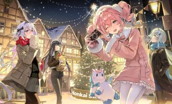 ;o alternate_costume aqua_hair bag baguette black_coat black_hair blue_eyes blue_hair bread brown_coat camera castorice_(honkai:_star_rail) cerydra_(honkai:_star_rail) christmas_tree coat commentary_request dress food glasses gloves highres holding holding_bag holding_camera honkai:_star_rail honkai_(series) hyacine_(honkai:_star_rail) hysilens_(honkai:_star_rail) lamppost little_ica_(honkai:_star_rail) long_hair looking_at_viewer multicolored_hair night one_eye_closed pantyhose pegasus pink_dress pink_gloves pink_hair pointy_ears purple_eyes purple_hair ryugisa snowing twintails two-tone_hair very_long_hair white_pantyhose winter winter_gloves