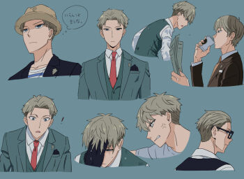 ! 1boy anger_vein angry black-framed_eyewear black_jacket blue_background blue_eyes breast_pocket brown_hat closed_mouth collared_shirt cup disposable_coffee_cup disposable_cup drinking expressionless f11417073 green_jacket green_vest grey_hair hair_slicked_back hand_on_own_face hat holding holding_newspaper jacket jitome lapel_pin lapels male_focus multiple_views necktie newspaper open_mouth orange_necktie pocket pocket_square profile reading rectangular_eyewear red_necktie shirt short_hair sideways_glance speech_bubble spy_x_family striped_clothes striped_shirt suit_jacket surprised sweat t-shirt thought_bubble translation_request twilight_(spy_x_family) very_short_hair vest white_shirt