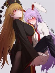 Rule 34 | 2girls, animal ears, black hat, black jacket, blonde hair, blush, breasts, brown pantyhose, carrying, carrying person, cleavage, collared shirt, commentary, cowboy shot, crescent moon, dated, english commentary, feet out of frame, forutaro, glowing, glowing eyes, grey background, hair between eyes, hands on another&#039;s thighs, hat, highres, jacket, junko (touhou), large breasts, long hair, long sleeves, looking ahead, looking at viewer, moon, multiple girls, necktie, off shoulder, pantyhose, parted lips, phoenix crown, purple hair, rabbit ears, rabbit girl, red eyes, red necktie, red tabard, reisen udongein inaba, shirt, sidelocks, signature, simple background, skirt, small breasts, smile, tabard, touhou, wardrobe malfunction, white shirt, white skirt, wide sleeves