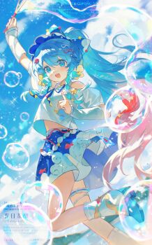 Rule 34 | 1girl, :d, absurdres, arm up, arm warmers, blue bow, blue eyes, blue hair, blue shoes, blue skirt, blue sky, blush, bow, braid, bubble, cloud, day, double-parted bangs, foot out of frame, hair between eyes, hair bow, highres, long hair, open mouth, original, outdoors, shirt, shoes, short sleeves, skirt, sky, smile, socks, solo, twin braids, watermark, white shirt, white socks, yi kuai cha suyou