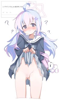 1girl ? @_@ ahoge backpack bag black_neckerchief blue_archive blue_hair blush cleft_of_venus clothes_lift cowboy_shot gluteal_fold hair_ornament halo highres lifting_own_clothes loli long_hair minarin_(393939min) multi-source_commentary multicolored_hair neckerchief nose odaibako pink_hair pink_halo pussy raised_inner_eyebrows reisa_(blue_archive) request_inset sailor_collar school_uniform serafuku sidelocks simple_background skirt skirt_lift solo split_mouth star_(symbol) star_hair_ornament steaming_body sweat translation_request twintails two-tone_hair uncensored wavy_mouth white_background white_sailor_collar