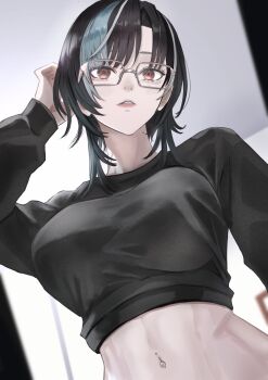 1girl absurdres aqua_hair arm_up black_hair black_shirt blurry blurry_background breasts brown_eyes commentary_request cropped_shirt depth_of_field dhbwinner glasses highres hololive hololive_dev_is large_breasts long_sleeves looking_at_viewer midriff multicolored_hair navel navel_piercing parted_lips piercing rindo_chihaya shirt short_hair solo streaked_hair upper_body virtual_youtuber white_streaks