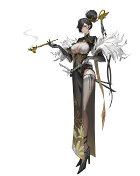 Rule 34 | 1girl, asymmetrical dress, black dress, black gloves, black hair, black shoes, breast cutout, breasts, brown pantyhose, china dress, chinese clothes, chinese commentary, cleavage, clothing cutout, commentary request, covered navel, dress, elbow gloves, feather boa, floral print, framed breasts, full body, gloves, gold trim, hair bun, hair over one eye, high collar, high heels, highres, long hair, long legs, long ribbon, looking at viewer, mark under eye, mature female, navel, original, pantyhose, partially fingerless gloves, see-through clothes, see-through dress, sheath, sheathed, shoes, side slit, sin guiyi, single hair bun, stomach cutout, thigh strap, thighband pantyhose, yellow eyes