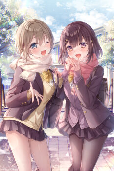 2girls :d ;d bag black_pantyhose black_skirt blonde_hair blue_eyes blush bow bowtie brown_cardigan brown_hair brown_jacket cardigan cloud commentary_request cowboy_shot hands_up highres jacket long_sleeves looking_at_viewer miniskirt multiple_girls nemuri_nemu one_eye_closed open_clothes open_jacket open_mouth original outdoors pantyhose pink_scarf pleated_skirt scarf school_bag school_uniform short_hair skirt smile standing tree white_scarf yellow_bow yellow_bowtie yellow_cardigan yellow_eyes