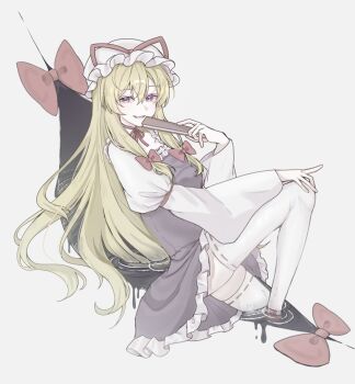 Rule 34 | 1girl, blonde hair, bow, commentary request, dress, frilled dress, frills, gap (touhou), hair bow, hand fan, hat, hat ribbon, holding, holding fan, long hair, long sleeves, looking at viewer, mob cap, open mouth, purin seijyaku2, purple dress, purple eyes, red bow, ribbon, ribbon-trimmed thighhighs, ribbon trim, smile, solo, tabard, thighhighs, touhou, very long hair, white thighhighs, wide sleeves, yakumo yukari