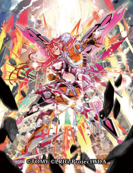 1girl boots breasts cleavage cleavage_cutout closed_mouth clothing_cutout copyright_notice cropped_jacket gloves jacket leotard long_hair looking_at_viewer mechanical_wings medium_breasts minazuki_excel moreshan official_art red_eyes red_gloves red_hair red_leotard solo very_long_hair white_boots wings wixoss yellow_jacket