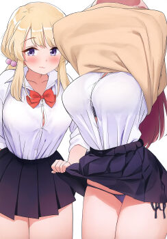 2girls absurdres arm_behind_back arms_up assisted_exposure bdsm black_bra black_panties black_skirt blonde_hair blush bondage bound bow bowtie bra bra_visible_through_clothes breasts brown_hair button_gap clothes_lift collar faceless faceless_female hair_bobbles hair_ornament highres kaisen_chuui large_breasts lifting_another's_clothes long_hair miniskirt multiple_girls non-web_source original panties pleated_skirt red_bow red_neckwear see-through_clothes shirt side-tie_panties side-tie_peek sidelocks simple_background skirt skirt_lift skirt_rolled_up skirt_tied_over_head stuck tented_shirt underwear undressing upskirt very_long_hair wardrobe_malfunction white_background white_shirt wing_collar