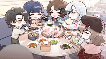 Rule 34 | 5girls, ^ ^, ahoge, beret, blue eyes, brown hair, brown hat, chibi, chibi only, chopsticks, closed eyes, commentary, cooking, eleanor si, english commentary, feeding, fingerless gloves, food, game cg, gloves, hair ornament, hairclip, hat, headphones, headphones around neck, heart, highres, holding, holding chopsticks, hotpot, iris wen, laughing, long hair, love curse: find your soulmate, meat, megan (love curse), multiple girls, noodles, nyx xia, official art, open mouth, pale skin, pink sweater, plaid clothes, plaid skirt, purple hair, red skirt, selene yan, short hair, skirt, smile, spoon, straight hair, sweat, sweater, table, tea, tissue box, v-shaped eyebrows, wavy hair, white hair, yellow eyes