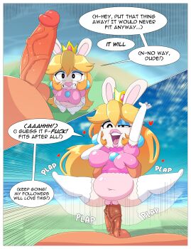 1boy 1girl absurdres belly blonde_hair breasts clothed_female_nude_male clothed_sex crown dangus_llc elbow_gloves english_text erection furry furry_female furry_with_non-furry gloves grabbing_another&#039;s_breast groping hetero highres huge_penis interspecies long_hair lying makeup mario_(series) mario_+_rabbids_sparks_of_hope medium_breasts nintendo nude open_mouth penis pussy rabbid rabbid_peach raving_rabbids scared sex size_difference speech_bubble spread_legs testicles vaginal veins veiny_penis