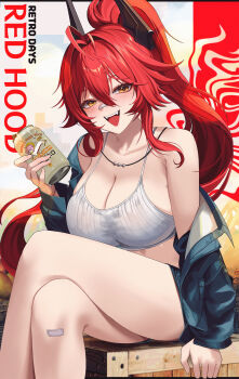 Rule 34 | 1girl, :d, absurdres, antenna hair, bandaid, bandaid on face, bandaid on knee, bandaid on leg, bandaid on nose, bare shoulders, beer can, blush, breasts, can, character name, cleavage, collarbone, commentary, crossed legs, denim, denim jacket, denim shorts, doro (nikke), drink can, fangs, gimyogi, goddess of victory: nikke, hair between eyes, hair flaps, hair intakes, highres, holding, holding can, horns, jacket, large breasts, long hair, long sleeves, looking at viewer, mechanical horns, micro shorts, midriff, off shoulder, official alternate costume, official alternate hairstyle, open clothes, open jacket, open mouth, ponytail, red hair, red hood (nikke), red hood (retro days) (nikke), shorts, sidelocks, sitting, smile, solo, tank top, teeth, thighs, upper teeth only, very long hair, white tank top, yellow eyes