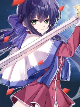 Rule 34 | 1girl, black hair, bow, capelet, commentary request, determined, dress, green eyes, holding, holding sword, holding weapon, kanon, kawasumi mai, long hair, moon, night, ponytail, purple bow, red dress, school uniform, solo, sword, weapon, white caplet, yuzuchi (yuchiyduchi)