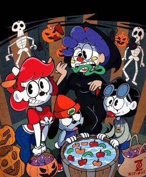 Rule 34 | 2boys, 2girls, apple, beanie, black hair, bonzo rabbit (imrachets), candy, chatterbox the clown (imrachets), commentary, cosplay, english commentary, food, fruit, halloween, halloween costume, happy halloween, hat, highres, imrachets, jack-o'-lantern, looking at viewer, multiple boys, multiple girls, mute the mime (imrachets), original, parappa, parappa (cosplay), parappa the rapper, rabbit, red hair, silence the mime (imrachets), snake, toon (style)