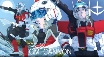 Rule 34 | 1boy, 8823, armor, assault visor, averting eyes, black hair, black pants, blue eyes, blue sky, boots, character name, collared jacket, day, earth federation, energy gun, gloves, gm cannon, grey gloves, gun, gundam, gundam msv, helmet, highres, holding, holding gun, holding weapon, humanization, jacket, leg armor, long sleeves, looking at viewer, male focus, mecha danshi, multiple views, outdoors, pants, shoulder cannon, sky, smile, sun, thrusters, tree, weapon, white footwear, white jacket