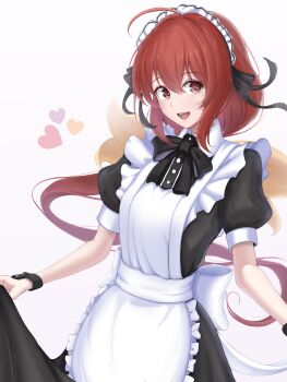 1girl ahoge alternate_costume apron black_dress bow commentary_request dress enmaided frilled_apron frills hair_intakes highres kagami_sumika long_hair low_ponytail maid maid_apron maid_headdress muv-luv ponytail puffy_short_sleeves puffy_sleeves red_eyes red_hair short_sleeves sin_sin_shinji solo very_long_hair waist_apron white_apron wrist_cuffs yellow_bow