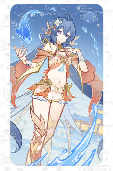 1girl antenna_hair black_hair blue_hair chinese_clothes chinese_text closed_mouth english_text fish genius_invokation_tcg_(style) hair_between_eyes hair_ornament highres long_hair looking_at_viewer low_twintails mixed-language_text navel original purple_eyes saintcube2 shorts smile solo tassel twintails watermark