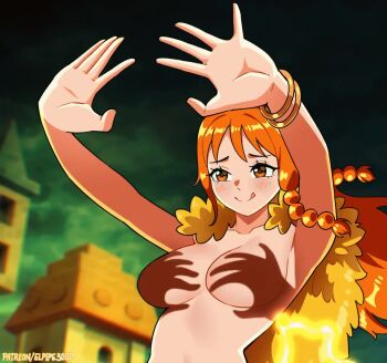 1girl :d animated bracelet braid breasts brown_eyes cape electricity elpipe_3000 from_below fur_cape gold_bracelet hand_shadow_covering_breasts_(meme) highres jewelry licking_lips looping_animation medium_breasts meme multiple_bracelets naked_cape nami_(one_piece) no_nipples nude one_piece open_hands open_mouth orange_hair outstretched_arms shadow shadow_censor shadow_puppet smile smug solo spread_fingers tagme tongue tongue_out upper_body video