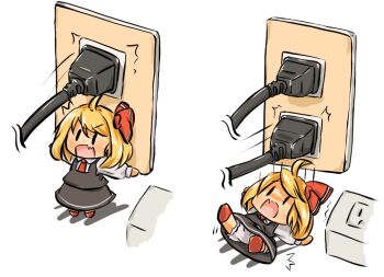 1girl ahoge black_skirt black_vest blonde_hair bloomers commentary_request fang hair_ribbon kusa_tsuku open_mouth plug red_footwear red_ribbon ribbon rumia shirt short_hair simple_background skin_fang skirt touhou underwear vest white_background white_shirt