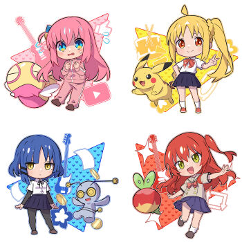 4girls :3 absurdres ahoge alternate_color applin aqua_eyes arrow_(symbol) bass_guitar black_pantyhose black_ribbon blonde_hair blue_hair blue_skirt blush bocchi_the_rock! bow brown_shoes chibi closed_eyes closed_mouth coin collared_shirt commentary_request crossover cube_hair_ornament dot_nose drum drumsticks dunsparce electric_guitar expressionless eyelashes fender_precision_bass flying_sweatdrops full_body gen_1_pokemon gen_2_pokemon gen_8_pokemon gibson_les_paul gimmighoul gimmighoul_(roaming) gotoh_hitori green_eyes guitar hair_ornament hairclip hand_on_own_hip heart highres ijichi_nijika instrument jacket kessoku_band kita_ikuyo kuxiaopa long_hair long_sleeves mole mole_under_eye multiple_girls neck_ribbon nintendo notice_lines open_mouth orange_eyes outstretched_arms pants pantyhose paper pikachu pink_hair pink_jacket pink_pants pink_track_suit pokemon pokemon_(creature) red_bow red_hair red_shoes ribbon school_uniform shiny_pokemon shirt shoes short_hair short_sleeves shuka_high_school_uniform side_ponytail sidelocks simple_background skirt smile socks spread_arms standing standing_on_one_leg sweatdrop thumbs_up track_jacket track_pants track_suit v white_background white_shirt white_socks yamada_ryo yellow_eyes youtube_logo