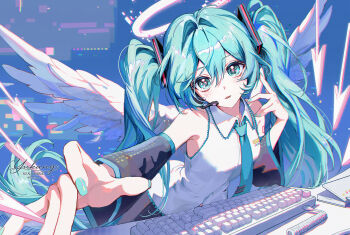 1girl angel angel_wings bare_shoulders blue_background blue_eyes blue_hair blue_nails blue_necktie commentary computer_keyboard detached_sleeves electric_angel_(vocaloid) flying_nimbus hatsune_miku headset highres long_hair looking_at_viewer nail_polish necktie parted_lips reaching reaching_towards_viewer shirt shoulder_tattoo signature sleeveless sleeveless_shirt solo symbol-only_commentary tattoo twintails vocaloid white_shirt wings yutttang