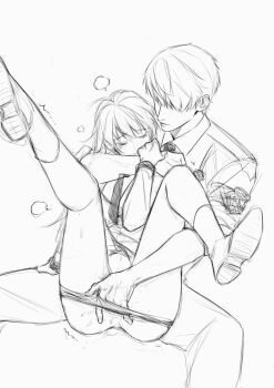 1boy 1girl anus arm_around_neck aroused ass breath closed_eyes female_orgasm fingering greyscale hetero highres holding_another&#039;s_wrist legs_up love_and_deepspace military_uniform monochrome necktie no_pants orgasm orihara0820 panties panty_pull protagonist_(love_and_deepspace) pussy_juice short_hair simple_background sitting sketch sleeves_rolled_up spread_legs tearing_up trembling underwear vaginal xavier_(love_and_deepspace)