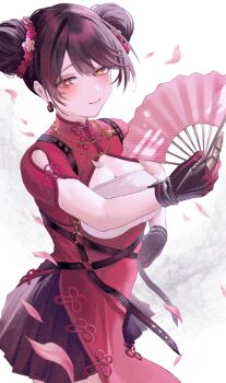 Rule 34 | 1980s (style), 1girl, absurdres, black skirt, blush, breasts, brown hair, china dress, chinese clothes, cleavage, cleavage cutout, closed mouth, clothing cutout, commentary request, double bun, dress, earrings, flower, folding fan, framed breasts, gold necklace, hair bun, hair flower, hair ornament, hair tie, hand fan, highres, holding, holding fan, hololive, jewelry, large breasts, looking at viewer, mandarin collar, mechanical hands, miniskirt, necklace, official alternate costume, official alternate hairstyle, oldschool, pleated skirt, red dress, retro artstyle, roboco-san, roboco-san (oriental-style battle), shikuwata, short dress, short hair, short sleeves, skirt, skirt under dress, smile, solo, virtual youtuber, yellow eyes