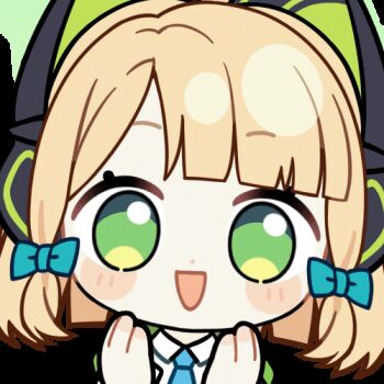 1girl :d animal_ear_headphones animal_ears animated animated_gif aqua_necktie blinking blonde_hair blue_archive blunt_bangs blunt_ends blush_stickers bow cat_ear_headphones cat_ears chibi chibi_only chunye_haruya clapping collared_shirt commission disembodied_hand dot_nose fake_animal_ears green_bow green_eyes green_halo green_jacket hair_bow halo headphones hood hooded_jacket jacket looking_at_viewer low-tied_sidelocks lowres medium_hair midori_(blue_archive) missing_commentary necktie open_clothes open_jacket open_mouth parted_bangs school_uniform second-party_source shirt sidelocks simple_background smile solo transparent_background upper_body white_shirt