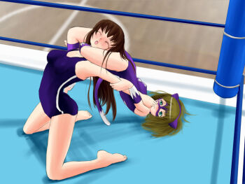 Rule 34 | #13, 2girls, animal ears, arena, ayano (#13), bare legs, barefoot, blue eyes, blush, brown hair, cat ears, cat tail, domination, feet, multiple girls, soles, sumire (#13), tail, tears, toeless legwear, toes, wrestling, wrestling ring, yuri