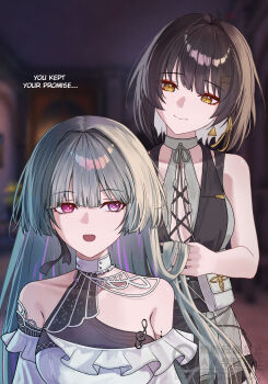 2girls absurdres alternate_universe bare_shoulders black_hair blurry blurry_background breasts commentary cross-laced_clothes cross-laced_dress dress earrings english_commentary female_rover_(wuthering_waves) grey_eyes grey_hair hair_ribbon heterochromia highres indoors jewelry long_hair looking_at_another medium_breasts multicolored_hair multiple_girls musical_note_ornament open_mouth pendr_a_gon phrolova_(wuthering_waves) red_eyes ribbon rover_(wuthering_waves) sleeveless sleeveless_dress smile streaked_hair triangle_earrings white_dress wuthering_waves yellow_eyes yellow_ribbon