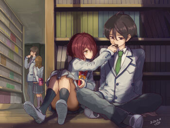 2boys 2girls absurdres ahoge black_eyes black_hair black_socks blazer book bookshelf bow bowtie box chocolate commentary_request dated feeding full_body gift gift_box green_necktie grey_pants grey_skirt highres holding holding_gift indoors jacket kneehighs komari_chika library loafers long_sleeves looking_at_another make_heroine_ga_oo_sugiru! multiple_boys multiple_girls necktie nukumizu_kazuhiko on_floor pants pleated_skirt red_bow red_bowtie red_hair shoes short_hair signature skirt socks toyosora white_jacket winter_uniform wooden_floor yellow_bow yellow_bowtie yellow_eyes