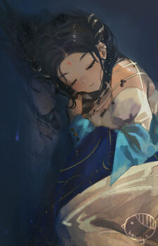 1girl bindi black_hair closed_eyes closed_mouth dark-skinned_female dark_skin hair_ornament hewaje highres kaalaa_baunaa reflection reverse:1999 sleeping