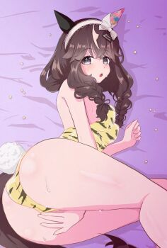 Rule 34 | 1girl, absurdres, animal ears, ass, beans, bed, braid, breasts, brown hair, commentary request, covering crotch, covering privates, curren bouquetd'or (umamusume), grey eyes, hair between eyes, hair ornament, hairband, highres, horse ears, horse tail, kimlarno nazzo, long hair, looking at viewer, oni costume, open mouth, small breasts, solo, sweat, sweatdrop, tail, thighs, twin braids, umamusume