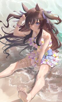 1girl animal_ears bare_shoulders beruu bikini blush breasts brown_hair closed_mouth commentary_request floral_print floral_print_bikini frilled_bikini frills hair_between_eyes hair_ornament heart heart_hair_ornament highres horse_ears horse_girl horse_tail jewelry long_hair looking_at_viewer medium_breasts mole mole_under_eye necklace official_alternate_costume official_alternate_hairstyle one_eye_closed outdoors pink_bikini print_bikini ruffle_bikini sitting smile solo star_(symbol) star_necklace swimsuit tail umamusume vivlos_(eclat_d'ete)_(umamusume) vivlos_(umamusume) water