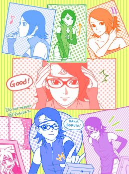 Rule 34 | 1girl, adjusting clothes, arm warmers, arrow (symbol), bare shoulders, boruto: naruto next generations, brushing hair, brushing own hair, collarbone, commentary request, curtains, eighth note, english text, forehead protector, glasses, hair brush, hashtag-only commentary, headband, highres, holding, holding hair brush, limited palette, lip balm, matsu (fu6ide2), musical note, naruto (series), one eye closed, photo (object), pouch, short shorts, shorts, strapless, tube top, twitter username, uchiha sarada, uzumaki boruto, window