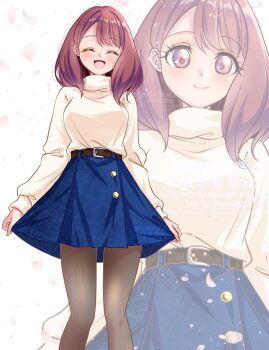 1girl belt blue_skirt breasts brown_pantyhose closed_eyes commentary hair_ornament hanadera_nodoka healin&#039;_good_precure highres kakikakilemon looking_at_viewer medium_breasts medium_hair open_mouth pantyhose pink_eyes pink_hair precure skirt smile solo sweater turtleneck turtleneck_sweater zoom_layer