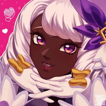 1girl bow dark-skinned_female dark_skin fascinator glove_bow gloves hair_ornament hand_on_own_chin hands_on_own_chin head_on_hand head_rest highres jacinthe_(pokemon) lipgloss long_sleeves looking_at_viewer low_drills nintendo open_mouth parted_lips pink_background pokemon pokemon_legends:_z-a portrait purple_eyes purple_hair smile solo teeth tsukinoshinjiu upper_teeth_only very_dark_skin white_gloves yellow_bow