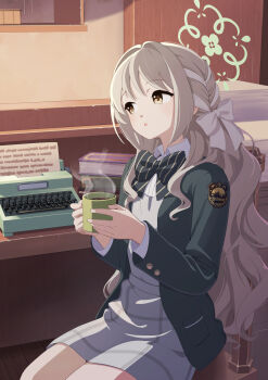 1girl absurdres blue_archive book bow bowtie brown_eyes chair collared_shirt commentary_request cup green_jacket grey_hair grey_skirt hair_between_eyes hair_bow halo highres holding holding_cup indoors jacket long_hair long_sleeves miyo_(blue_archive) mug multicolored_hair parted_lips shirt shrimp1634 sitting skirt solo steam typewriter very_long_hair white_bow white_hair white_shirt