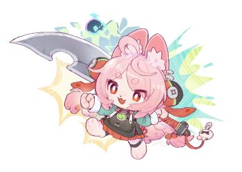 1girl animal_ear_fluff animal_ear_piercing animal_ears animal_feet anklet braid braided_twintails bright_pupils charm_(object) chibi chibi_only chinese_clothes clenched_hand commentary english_commentary ethereal_(zenless_zone_zero) full_body furry furry_female green_shirt highres holding holding_behind_back holding_sword holding_weapon holding_weapon_behind_back jewelry la-ndy long_hair medallion open_mouth pink_fur pink_hair rabbit_ears rabbit_girl red_eyes screw shirt short_eyebrows sword thick_eyebrows weapon white_background white_pupils zenless_zone_zero zhao_(zenless_zone_zero)