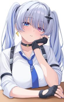 1girl absurdres arm_on_table black_choker black_gloves black_nails blue_eyes blue_hair blue_necktie blue_streaks blush breasts chest_harness choker collarbone collared_shirt cross cross-shaped_pupils cross_hair_ornament earrings elbow_rest fingerless_gloves gloves grey_hair hair_between_eyes hair_intakes hair_ornament hand_on_own_cheek hand_on_own_face harness heterochromia highres inverted_cross jewelry large_breasts long_hair looking_at_viewer multicolored_hair nail_polish nameko_houshi necktie neo-porte parted_lips pink_eyes shirt simple_background single_earring sleeves_rolled_up solo streaked_hair symbol-shaped_pupils table tentei_forte tentei_forte_(2nd_costume) three-quarter_sleeves triangle_earrings twintails upper_body very_long_hair virtual_youtuber white_background white_shirt