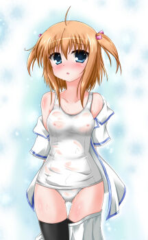 Rule 34 | 1girl, ahoge, asakura ryou (minazukitei), black thighhighs, blue eyes, blush, bow, breasts, brown hair, female focus, hair ribbon, medium breasts, nipples, one-piece swimsuit, ribbon, school swimsuit, see-through clothes, small breasts, solo, swimsuit, thighhighs, twintails, undressing, wet, white one-piece swimsuit, white school swimsuit