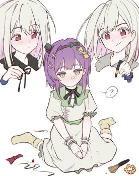 Rule 34 | 3girls, ?, bang dream!, bang dream! it's mygo!!!!!, black choker, black hairband, chinese commentary, choker, closed mouth, commentary request, cosmetics, dress, green dress, green hair, green wrist cuffs, hairband, hero45439083942, highres, holding, holding lipstick tube, lipstick tube, long hair, medium hair, multiple girls, original, purple hair, red eyes, ribbon choker, siblings, simple background, sisters, sitting, socks, spoken question mark, twins, wakaba ameha, wakaba muna, wakaba wakaho, wariza, white background, wrist cuffs, yellow eyes, yellow socks