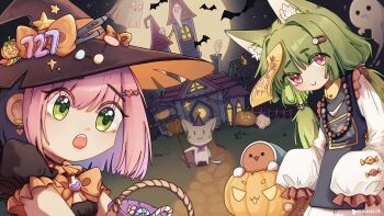 1boy 2girls 727_(meme) animal_ears bead_necklace beads black_hair blunt_bangs broom cape castle cat_boy cat_ears cat_tail chinese_commentary commentary_request furry furry_male ghost green_eyes green_hair halloween hat highres holding holding_broom jack-o'-lantern jewelry jiangshi jiangshi_costume kemonomimi_mode long_hair long_sleeves low_twintails meme mocha_(osu!) multicolored_hair multiple_girls necklace nekcihc open_mouth osu! pink_hair pippi_(osu!) purple_cape red_eyes short_hair stylus taiko_no_tatsujin tail twintails two-tone_hair wada_don whitecat_(osu!_player) witch witch_hat
