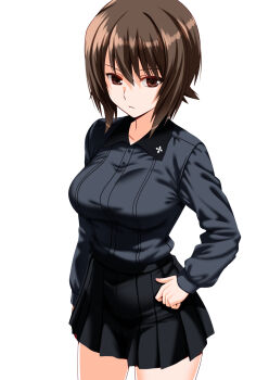 1girl black_skirt breasts brown_eyes brown_hair commission engo_(aquawatery) girls_und_panzer grey_shirt highres kuromorimine_school_uniform medium_hair nishizumi_maho pixiv_commission pleated_skirt school_uniform shirt skirt solo white_background
