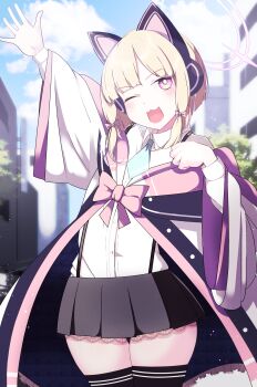 1girl :3 animal_ears black_skirt black_thighhighs blonde_hair blue_archive blush border cat_ears cloud day dot_nose fake_animal_ears female_focus flat_chest hair_ribbon halo headphones kuyu730 looking_at_viewer momoi_(blue_archive) necktie one_eye_closed open_mouth outdoors outline pale_skin pink_background pink_ribbon ribbon shiny_skin shirt short_hair short_necktie sidelocks skirt sky smile solo thighhighs white_border white_outline white_shirt wide_sleeves wink zettai_ryouiki
