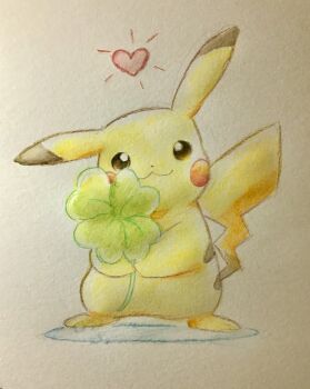 Rule 34 | animal focus, closed mouth, clover, commentary request, full body, gen 1 pokemon, heart, highres, holding, holding clover, looking at viewer, nintendo, no humans, photo (medium), pikachu, pokemon, pokemon (creature), roku (rokkrn), solo, standing, traditional media