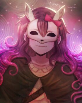 1girl alternate_universe artist_name aubrey_(faraway)_(omori) aubrey_(omori) bow closed_mouth collarbone commentary double-parted_bangs english_commentary hair_bow highres long_hair mask omori pink_bow pink_hair smile solo upper_body white_mask zoewillowz