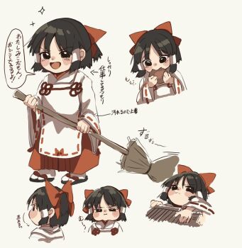 1girl aged_down alternate_costume black_eyes black_hair blush bow box broom child closed_mouth commentary_request donation_box eating hair_bow hair_tubes hakama hakurei_reimu highres holding holding_broom japanese_clothes looking_at_viewer matsukuzu medium_hair miko multiple_views open_mouth pout red_bow red_hakama ribbon-trimmed_sleeves ribbon_trim smile speech_bubble touhou translation_request